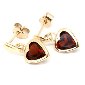 Solid 9ct Gold Garnet Love Heart drop dangly earrings with FREE Gift Box