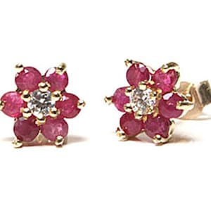 Solid 9ct Gold Ruby and Cubic Zirconia cluster stud earrings with FREE Gift Box