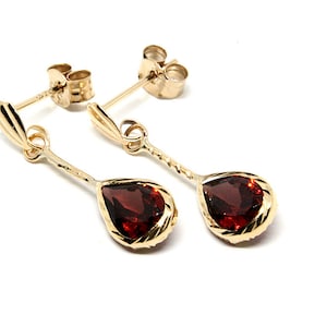 9ct Gold Garnet Drop Earrings Short Teardrop Made in UK