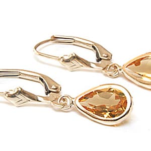 Solid 9ct Gold Citrine Teardrop Dangly Lever Back Earrings with FREE gift box