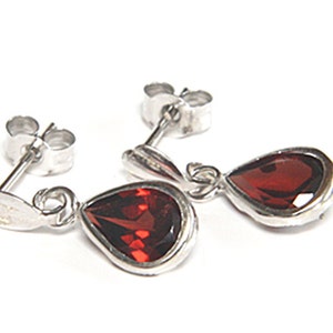 Solid 9ct White Gold Garnet Teardrop Dangly Earrings with FREE Gift Box