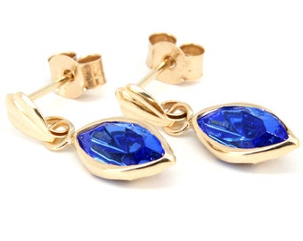 9ct Gold Blue Swarovski Crystal Marquise drop Earrings with gift box
