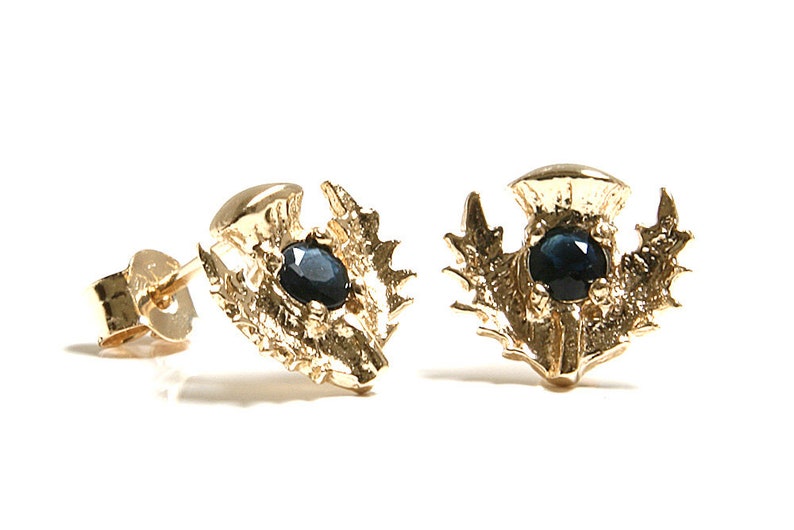 Solid 9ct Gold Sapphire Scottish Thistle Stud Earrings With Etsy