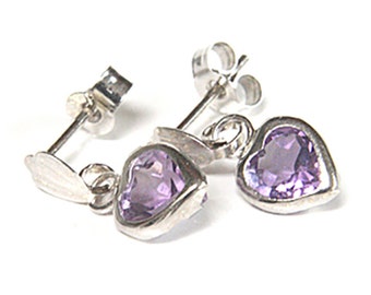 925 Sterling Silver Amethyst Love Heart Drop Dangly Earrings with FREE Gift Box