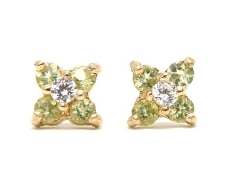 9ct Gold Peridot and CZ studs Cluster Earrings Gift Boxed Made in UK