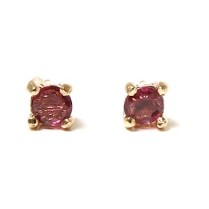 May include: A pair of gold stud earrings with small, round, red gemstones.