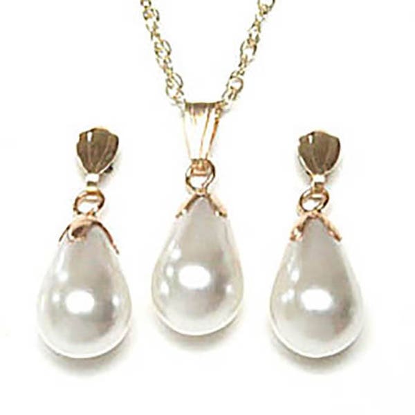 9ct Gold Pearl Teardrop Pendant necklace and Dangly Earring Set with FREE Gift Box