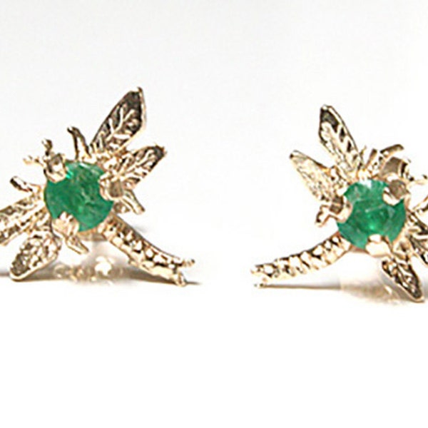 Solid 9ct Gold Emerald Dragonfly Stud Earrings Gift Boxed with FREE Gift Box