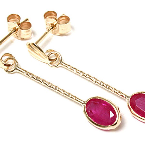 Solid 9ct Gold Ruby Oval long Drop Dangly earrings with FREE Gift Box