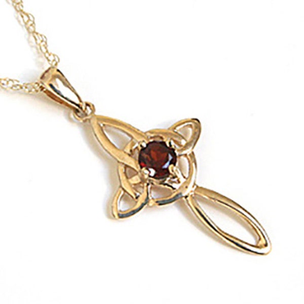 Solid 9ct Gold Garnet Celtic Style Cross Pendant Necklace and 18 inch chain with FREE Gift Box