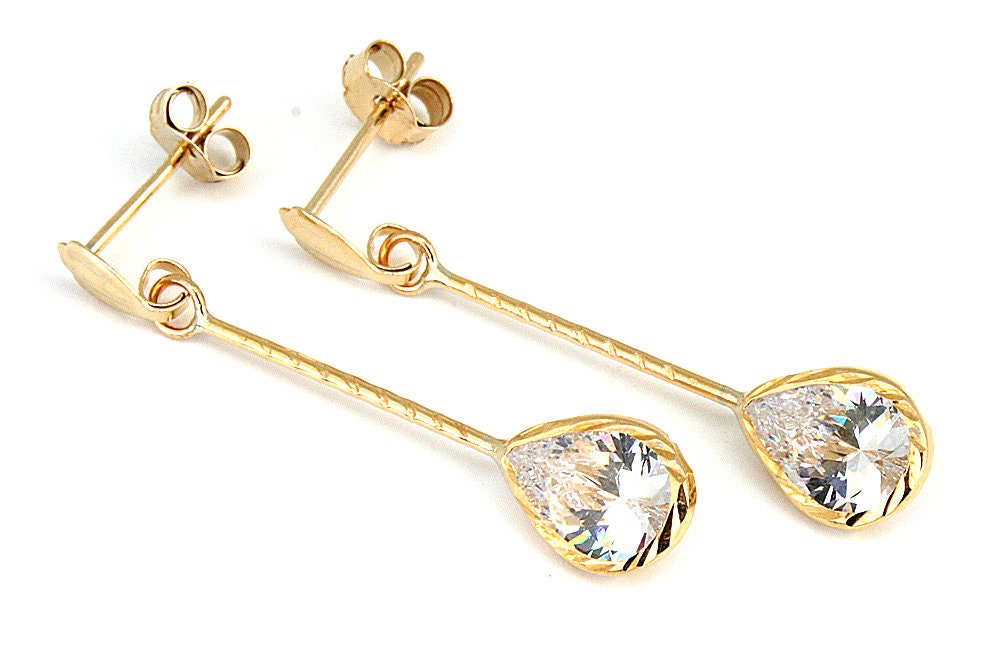 Boucles D'oreilles Pendantes Or 9 Carats Avec Zirconia Cubique - Hauteur 4.5 Cm - Fermoirs Neufs