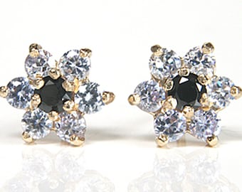 Solid 9ct Gold Lilac and Black Cubic Zirconia Cluster Stud earrings with FREE Gift Box