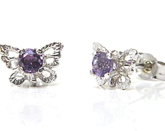 Solid 9ct White Gold Amethyst filigree Butterfly Stud Earrings with FREE Gift Box