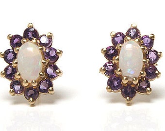 9ct Gold Opal and Amethyst cluster Studs Earrings