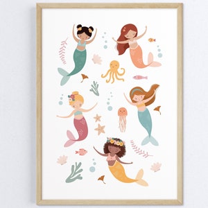 Mermaid nursery print, boho mermaid, girls room prints,diverse mermaid decor, ocean theme, under the sea nursery, whimsical kids wall art