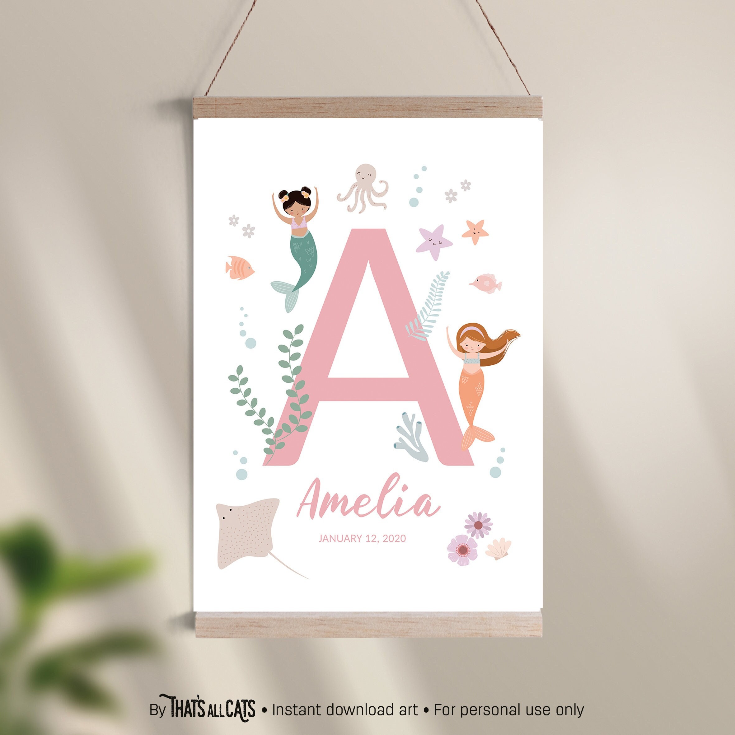 Mermaid Personalized Printable, Mermaid Nursery Name Print, Girls Room ...
