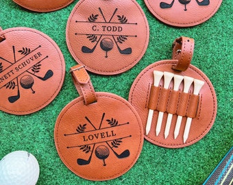 Personalized Golf Bag Tag with Tees, Engraved Leather Golf Bag Tag, Father's Day Gift, Gift for Dad, Golf Gifts, Personalized Golf Tag