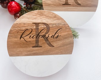 Personalized Coasters, Set of 4, Wood and Marble Coasters, Custom Coasters, Engraved Coasters, Housewarming Gift, Wedding Gift, Christmas