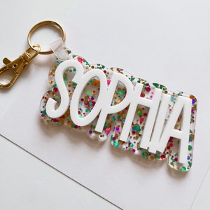 Sparkle Backpack Name Tag,  Acrylic Keychain, Retro Name Keychain, Personalized Acrylic Name Tag, Diaper Bag Tag, Lunch Box Tag, Kids Tag