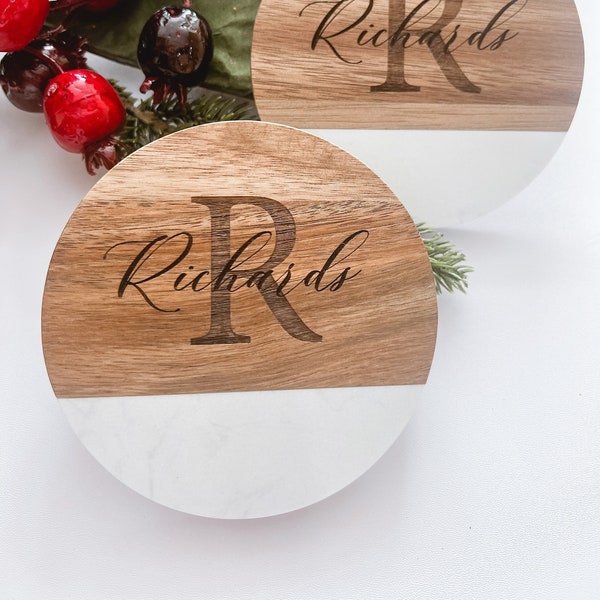 Personalized Coasters, Set of 4, Wood and Marble Coasters, Custom Coasters, Engraved Coasters, Housewarming Gift, Wedding Gift, Christmas