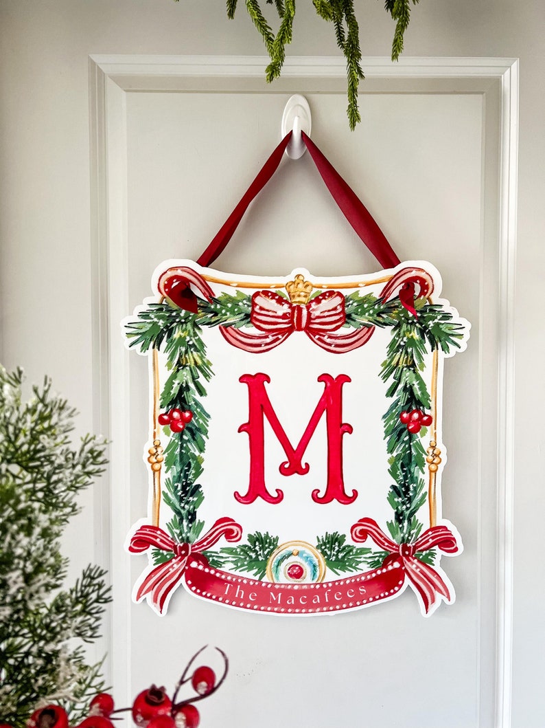 Personalized Christmas Door Hanger, Christmas Decor, Santa Crest & Gifts, Initial Door Sign, Gingerbread House, Preppy Holiday Home Decor