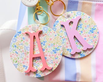 Floral Monogram Bag Tag, Acrylic Keychain, Retro Name Keychain, Personalized Acrylic Name Tag, Booksack Bag Tag, Lunch Box Tag, Kids Tag