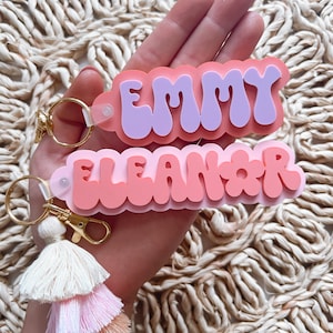 Groovy Backpack Name Tag,  Acrylic Keychain, Retro Name Keychain, Personalized Acrylic Name Tag, Diaper Bag Tag, Lunch Box Tag, Kids Tag