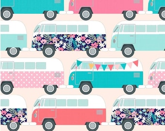 Vintage Bus Fabric - VW Bus Fabric - Cotton Fabric - Spring Bus Fabric