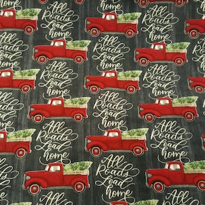 Christmas Truck Fabric - Red Truck Christmas Tree Fabric - Rustic Christmas Fabric - Country Christmas Fabric - Rustic Red Truck Fabric