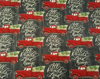 Christmas Truck Fabric - Red Truck Christmas Tree Fabric - Rustic Christmas Fabric - Country Christmas Fabric - Rustic Red Truck Fabric