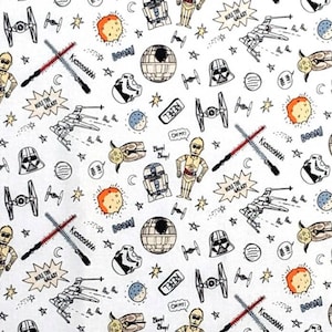 May include: White fabric with a Star Wars theme, featuring illustrations of characters like C-3PO, R2-D2, Darth Vader, and the Death Star. The design includes spaceships, planets, and text bubbles with phrases like "BOOM!" and "Rule the Galaxy."