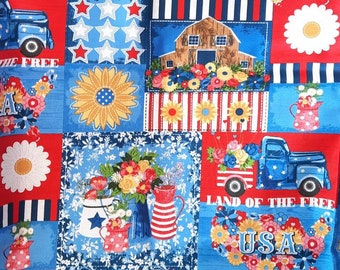Summer Patriotic Truck Fabric - Patriotic Fabric - America Flag Fabric - 4th of July Fabric - Floral Farm Truck Fabric - Floral Barn Fabric