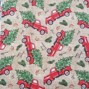 Red Christmas Truck Fabric - Red Truck Christmas Tree Fabric - Rustic Christmas Fabric - Country Christmas Fabric - Rustic Red Truck Fabric