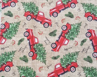 Red Christmas Truck Fabric - Red Truck Christmas Tree Fabric - Rustic Christmas Fabric - Country Christmas Fabric - Rustic Red Truck Fabric