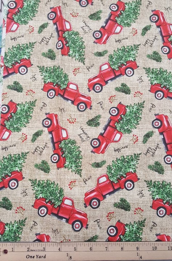 Christmas Truck Fabric , Red Truck Christmas Tree Fabric , Rustic Christmas Fabric , Country Christmas Fabric , Rustic Red Truck Fabric