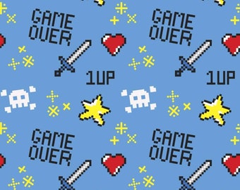 Game Over - Video Game Fabric - Level Up - Stars - Heart - Retro