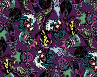 Disney Vilnians Maleficent Cotton Fabric - Sleeping Beauty - Ursula- little mermaid - Snow White - 101 Dalmations - Aladdin - Frog Princess