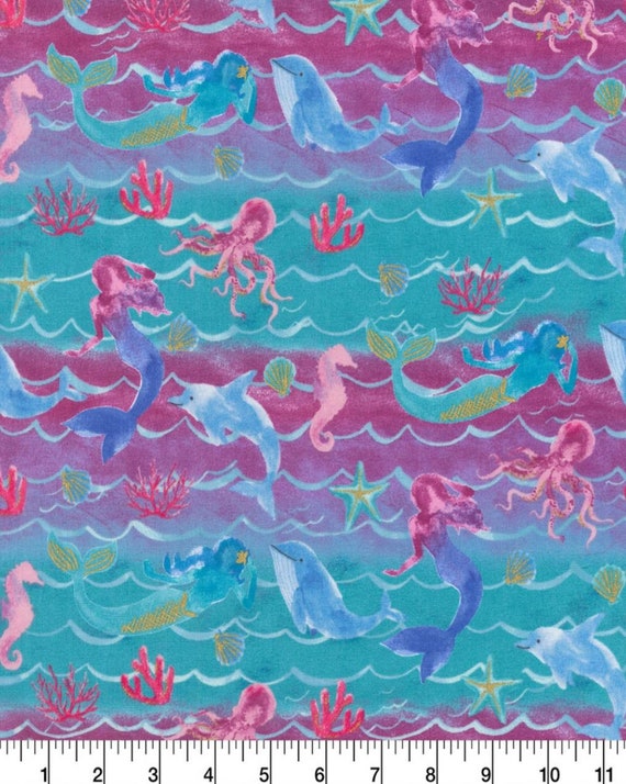Mermaid Cotton Fabric by the Yard Rainbow Mermaids Etsy