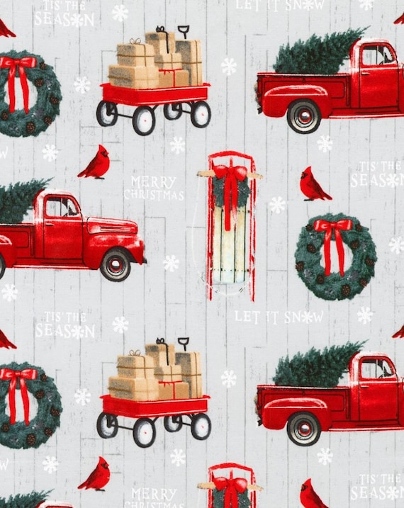 Red Christmas Truck Fabric Red Truck Christmas Tree Fabric Etsy