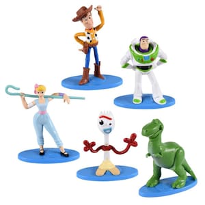 May include: A set of five Toy Story character figurines. The characters include Woody, Buzz Lightyear, Jessie, Forky, and Rex. The figurines are made of plastic and are painted in bright colours. Each figurine is standing on a blue base.
