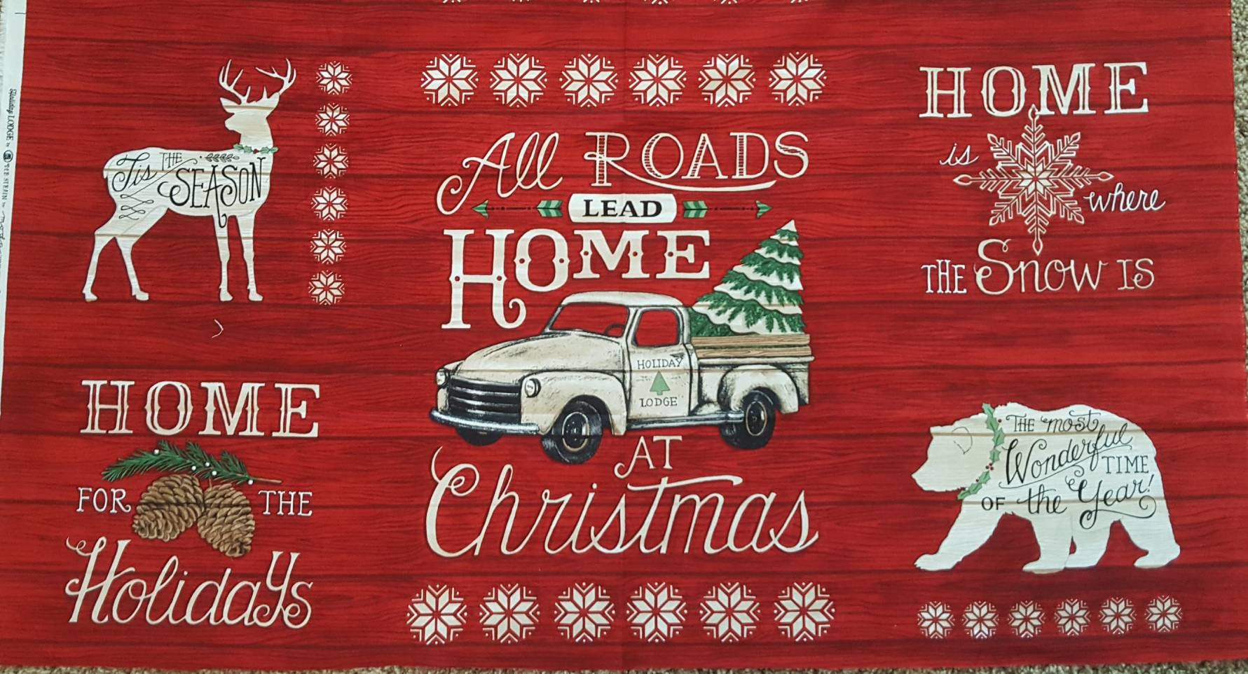 Red Christmas Truck Fabric Rustic Christmas Panel Rustic