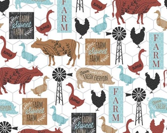 Red Farm Fabric - Ranch Fabric - FFA Fabric - Future Farmers of America Fabric - Farmer Fabric - Cow - Pig - Chicken - Duck - Goose - Hog