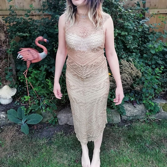 Oasis vintage gold metallic crochet top and skirt