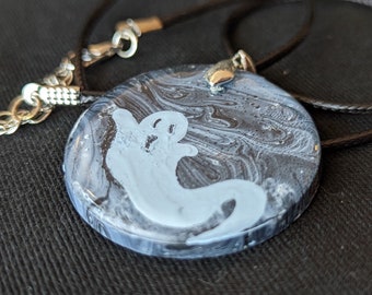 Ghost Resin Necklace, Light Blue Spirit on Gray Marble