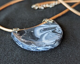 Water Marbling Resin Necklace, Gray and Blue Spiderweb Pendant