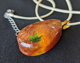 Resin Pendant Necklace, Orange Yellow Honeycomb Color with Leaf