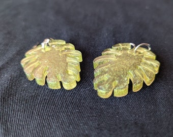 Green Glitter Resin Leaf Earrings