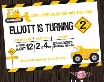 May include: Construction themed birthday party invitation featuring a yellow bulldozer and a dump truck. The invitation reads "DUMP EVERYTHING AND JOIN THE CREW ELLIOTT IS TURNING 2". The invitation includes details for the party, including the date, time, and location.