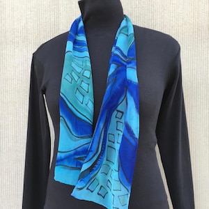Blue Silk Scarf #169/ Hand Painted Royal Blue Aqua Turquoise/ Art to Wear Abstract Sheer Lightweight Year Round Scarf/ Ocean Squares Leaves