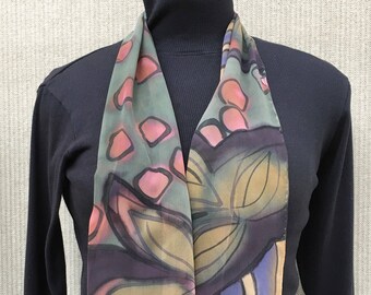 Hand Painted Silk Scarf Small #271/ Earthy feminine beauty in Green Pink Yellow/ Sheer lightweight Silk Chiffon/ Kris Thoeni Designs